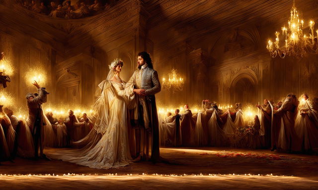 Baroque-style fine art painting featuring a bride and groom in an opulent hall. The groom is dressed in an embroidered doublet while the bride wears an ivory silk gown with intricate lacework. The hall is adorned with gilded moldings, frescoes, tapestries and a grand chandelier.