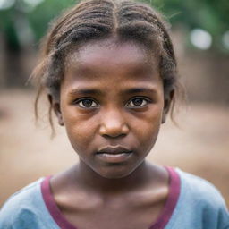 A portrait of a young girl living in poverty, showcasing resilience and strength in her eyes amidst adversity.