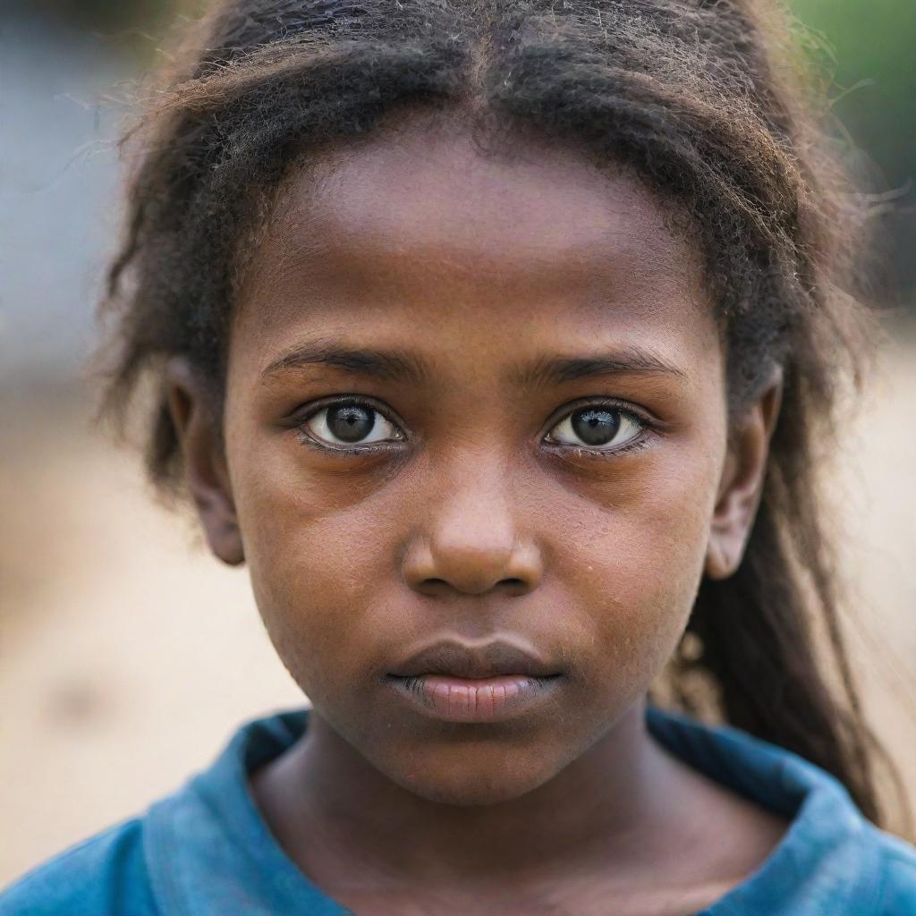 A portrait of a young girl living in poverty, showcasing resilience and strength in her eyes amidst adversity.