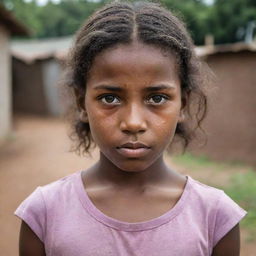 A portrait of a young girl living in poverty, showcasing resilience and strength in her eyes amidst adversity.