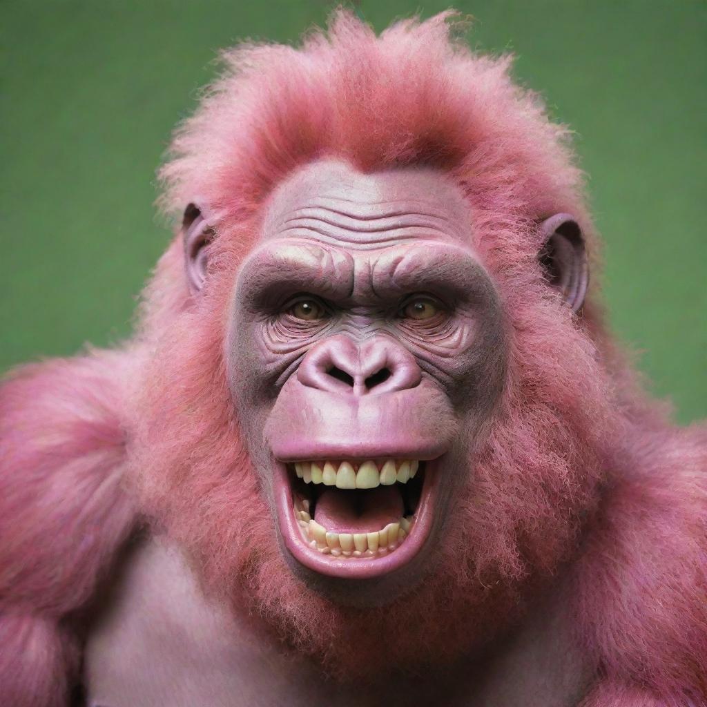 Formulate an image of a pink gorilla with a 9-inch human-like curly, shiny perm. It bears a large, creepy, Joker-like, ear-to-ear smile with large, pointy, dirty, and rotten teeth protruding from a long green tongue.