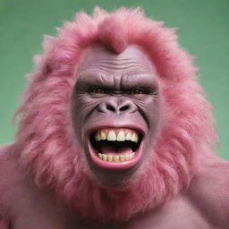 Formulate an image of a pink gorilla with a 9-inch human-like curly, shiny perm. It bears a large, creepy, Joker-like, ear-to-ear smile with large, pointy, dirty, and rotten teeth protruding from a long green tongue.