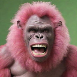 Formulate an image of a pink gorilla with a 9-inch human-like curly, shiny perm. It bears a large, creepy, Joker-like, ear-to-ear smile with large, pointy, dirty, and rotten teeth protruding from a long green tongue.