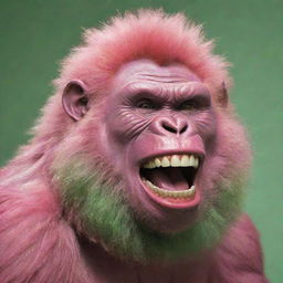 Formulate an image of a pink gorilla with a 9-inch human-like curly, shiny perm. It bears a large, creepy, Joker-like, ear-to-ear smile with large, pointy, dirty, and rotten teeth protruding from a long green tongue.