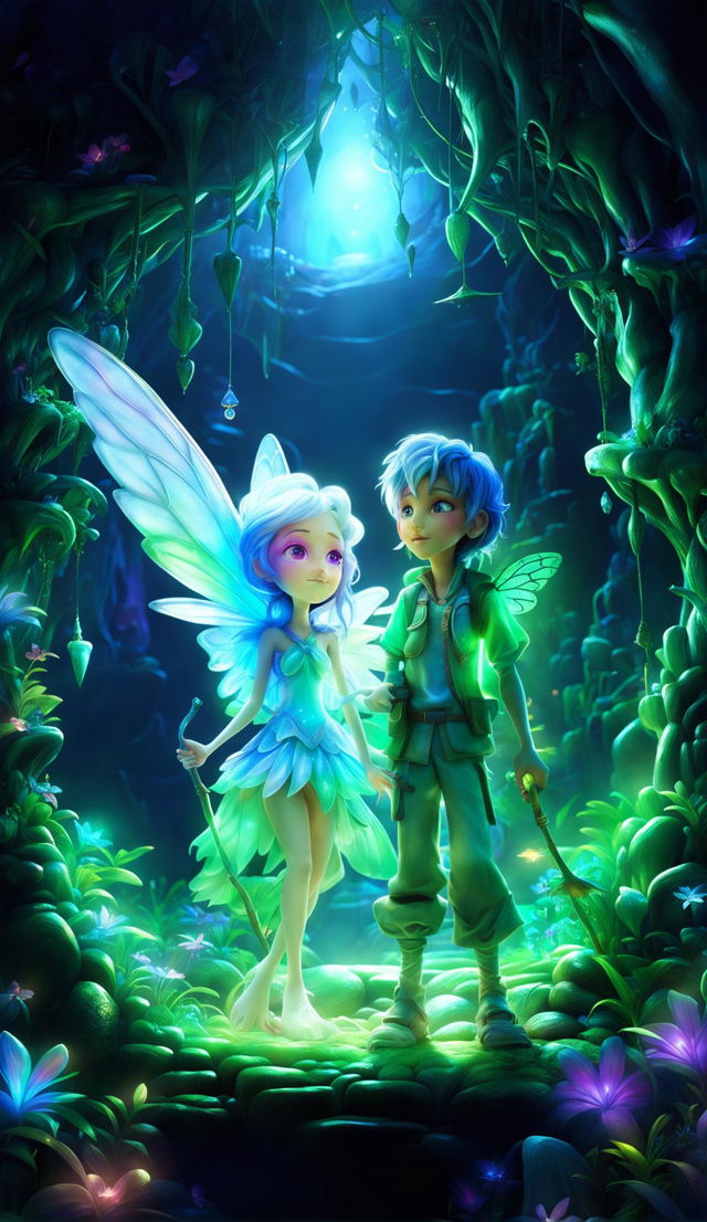 A realistic 3D image of Hanzel, guided by a curious fairy named Luna, journeying through enchanted forests and mysterious caves.