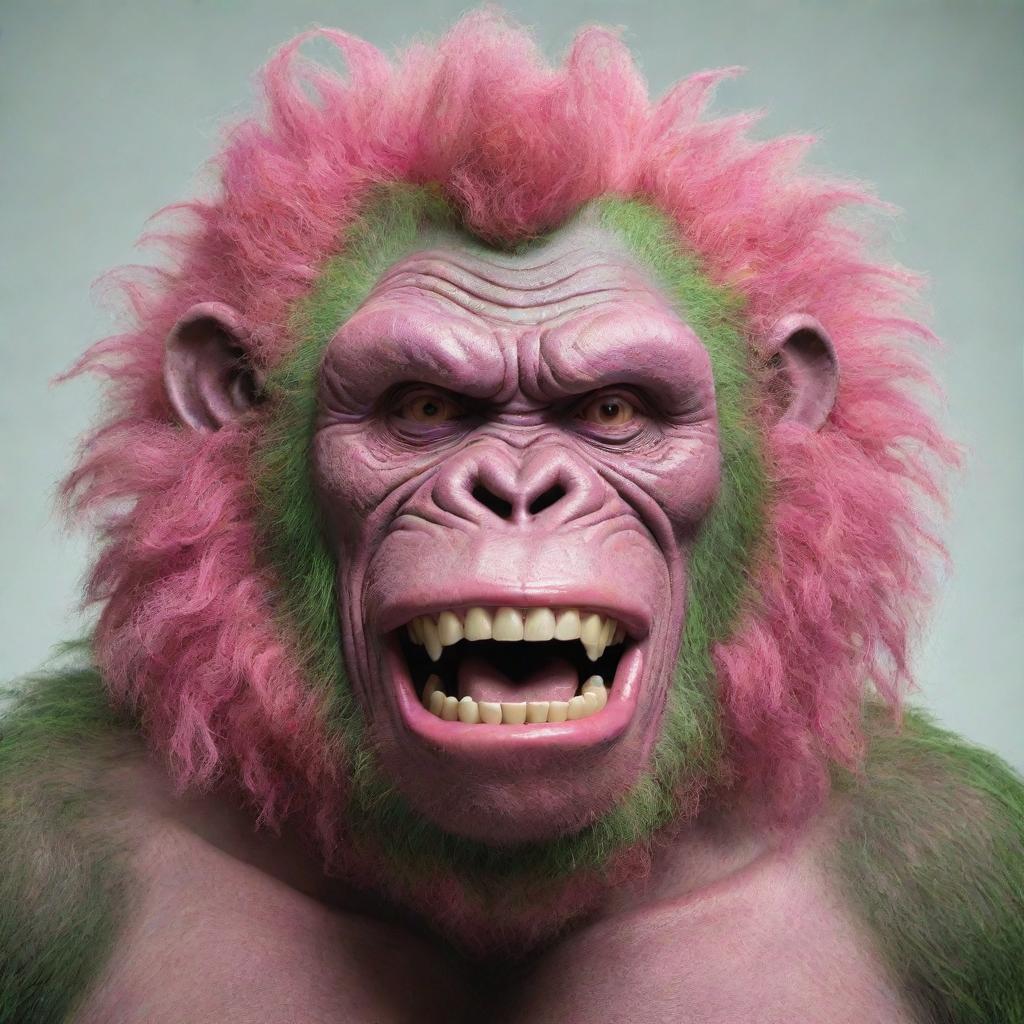 Create an image of a pink gorilla donning a 9-inch, human-like, curly, shiny perm, and a menacing, ear-to-ear Joker-esque grin. It has large, pointy, broken, dirty, and rotten teeth jutting out from a long green tongue.