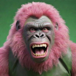 Create an image of a pink gorilla donning a 9-inch, human-like, curly, shiny perm, and a menacing, ear-to-ear Joker-esque grin. It has large, pointy, broken, dirty, and rotten teeth jutting out from a long green tongue.