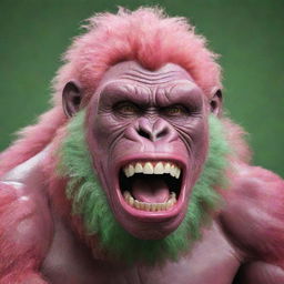 Create an image of a pink gorilla donning a 9-inch, human-like, curly, shiny perm, and a menacing, ear-to-ear Joker-esque grin. It has large, pointy, broken, dirty, and rotten teeth jutting out from a long green tongue.