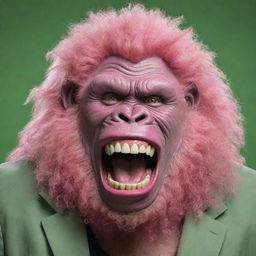 Create an image of a pink gorilla donning a 9-inch, human-like, curly, shiny perm, and a menacing, ear-to-ear Joker-esque grin. It has large, pointy, broken, dirty, and rotten teeth jutting out from a long green tongue.