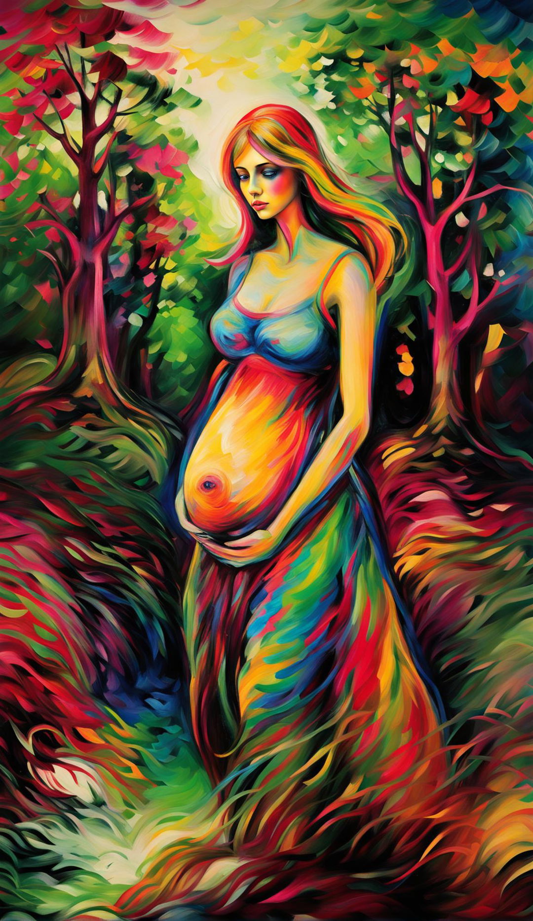 A Fauvist-style painting of a pregnant woman in a vibrant, blurred naturescape. Her body is depicted in bold colors, her belly a radiant yellow. The landscape around her is a riot of colors, with the sky a swirl of pinks and purples, trees in various shades of green, and the ground a patchwork of earthy tones and bright reds and oranges.