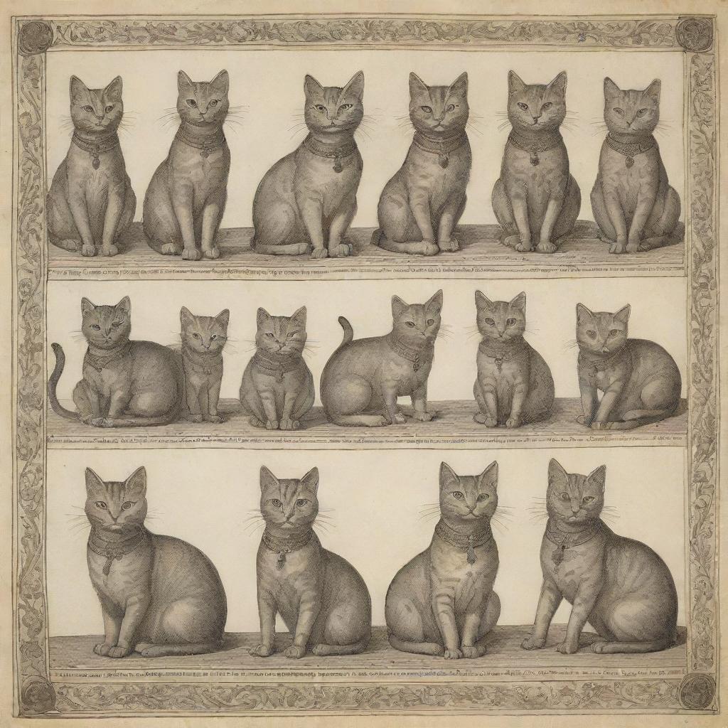 Drawings of cats in a medieval style, with intricate details typical of the period. Cats can be depicted as nobles, knights, or commoners from the Medieval era.