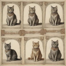 Drawings of cats in a medieval style, with intricate details typical of the period. Cats can be depicted as nobles, knights, or commoners from the Medieval era.