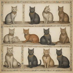 Drawings of cats in a medieval style, with intricate details typical of the period. Cats can be depicted as nobles, knights, or commoners from the Medieval era.