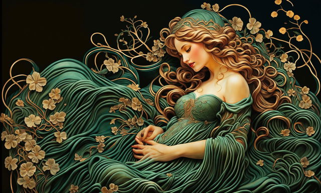 Art Nouveau styled image featuring a beautiful pregnant woman in an emerald green gown, surrounded by intricate floral patterns.