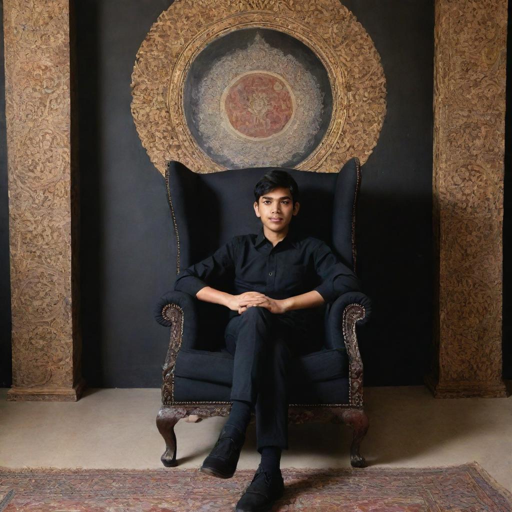 A 17-year-old boy wearing a black shirt sits comfortably in a grand wing chair, against a backdrop of an intricate painting. The name 'JEEWAN KUMAR' elegantly scribed in the surrounding space.