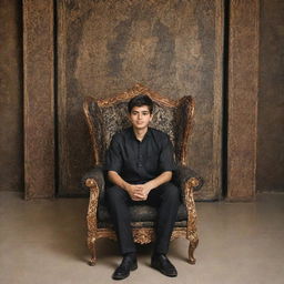 A 17-year-old boy wearing a black shirt sits comfortably in a grand wing chair, against a backdrop of an intricate painting. The name 'JEEWAN KUMAR' elegantly scribed in the surrounding space.