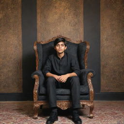 A 17-year-old boy wearing a black shirt sits comfortably in a grand wing chair, against a backdrop of an intricate painting. The name 'JEEWAN KUMAR' elegantly scribed in the surrounding space.