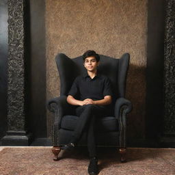 A 17-year-old boy wearing a black shirt sits comfortably in a grand wing chair, against a backdrop of an intricate painting. The name 'JEEWAN KUMAR' elegantly scribed in the surrounding space.