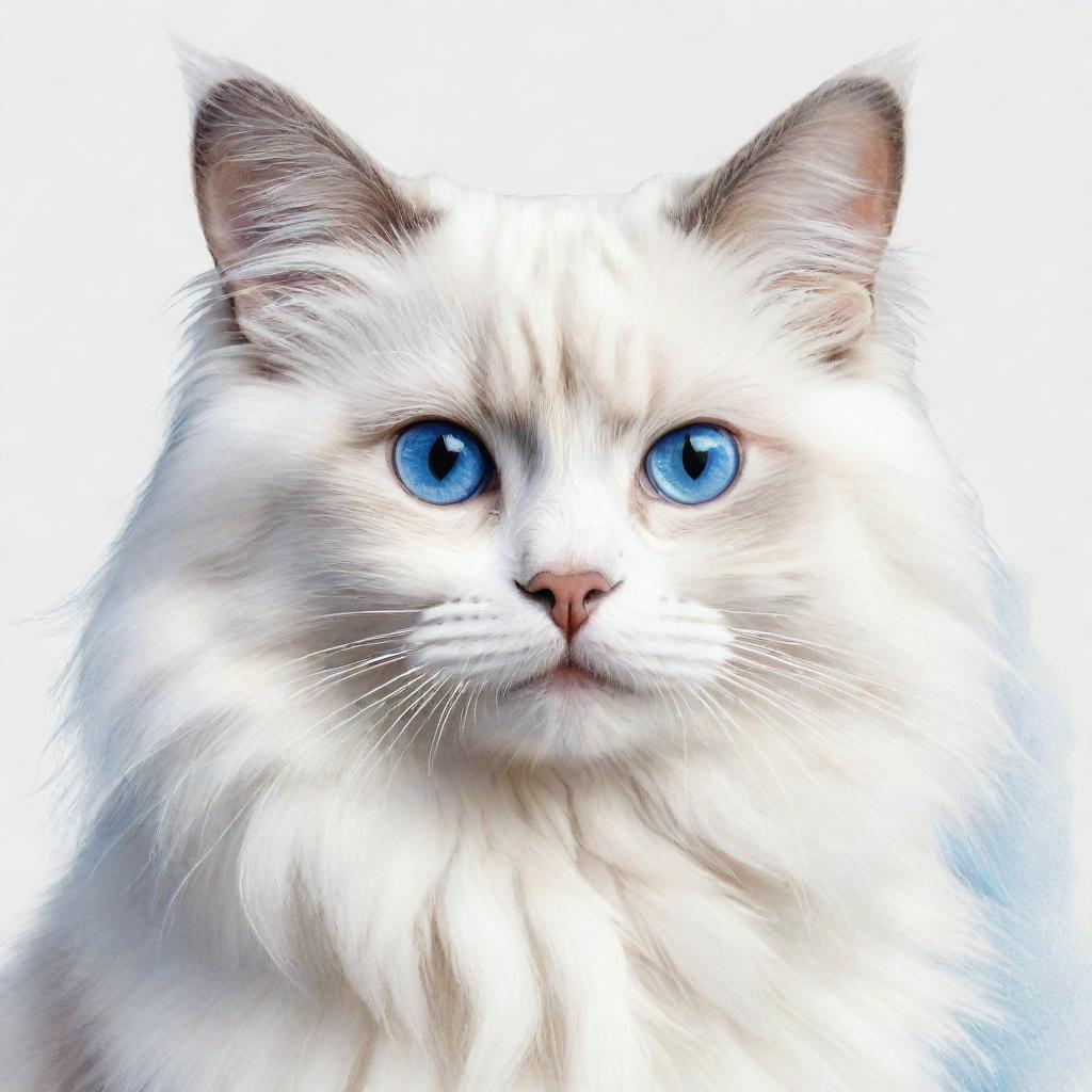 Drawing of a Bicolour Ragdoll cat, showcasing its striking blue eyes, distinct color pattern with white legs and white inverted 'V' on its face.