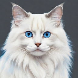 Drawing of a Bicolour Ragdoll cat, showcasing its striking blue eyes, distinct color pattern with white legs and white inverted 'V' on its face.