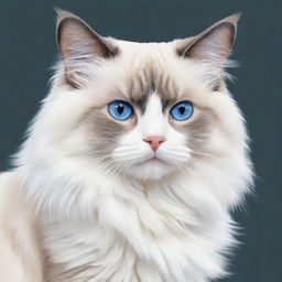 Drawing of a Bicolour Ragdoll cat, showcasing its striking blue eyes, distinct color pattern with white legs and white inverted 'V' on its face.