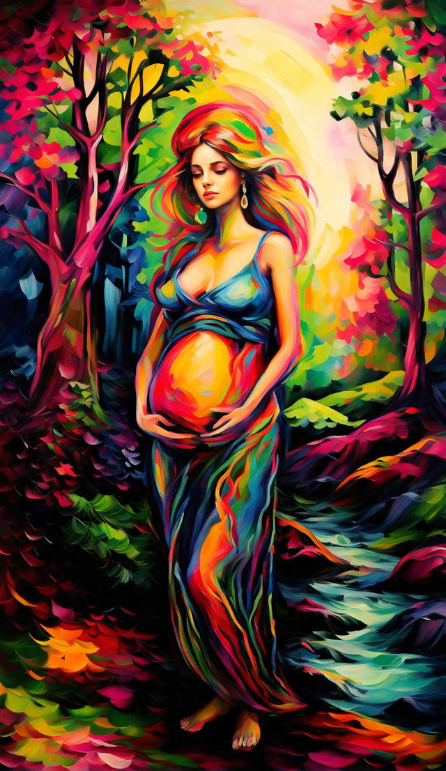 A fine art, Fauvist-style painting of a pregnant woman in a vibrant, blurred naturescape. Her body is depicted in bold colors, her belly a radiant yellow. The landscape around her is a riot of colors, with the sky a swirl of pinks and purples, trees in various shades of green, and the ground a patchwork of earthy tones and bright reds and oranges.