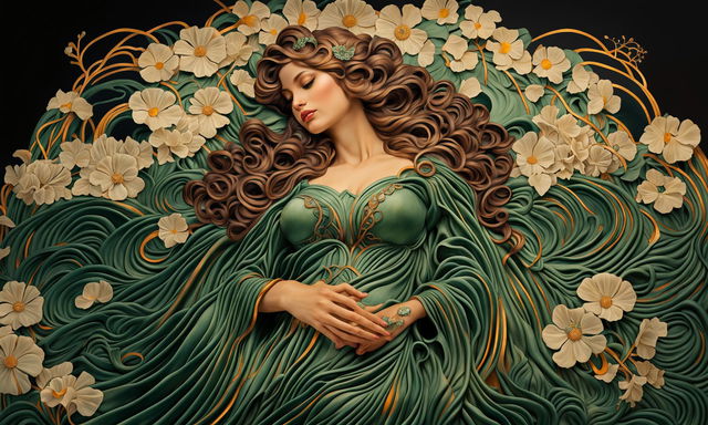 Fine art image of a beautiful pregnant woman in an emerald green gown, surrounded by intricate floral patterns in an Art Nouveau style.