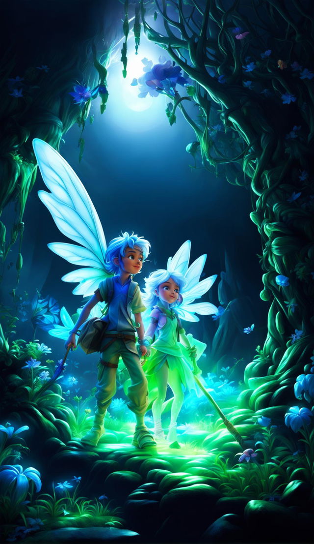 A realistic 3D image of Hanzel, guided by a curious fairy named Luna, journeying through enchanted forests and mysterious caves, maintaining the aesthetic of the first image.