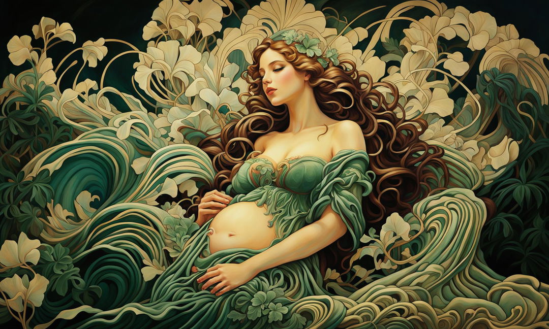 Fine art painting of a beautiful pregnant woman in an emerald green gown, surrounded by intricate floral patterns in an Art Nouveau style.