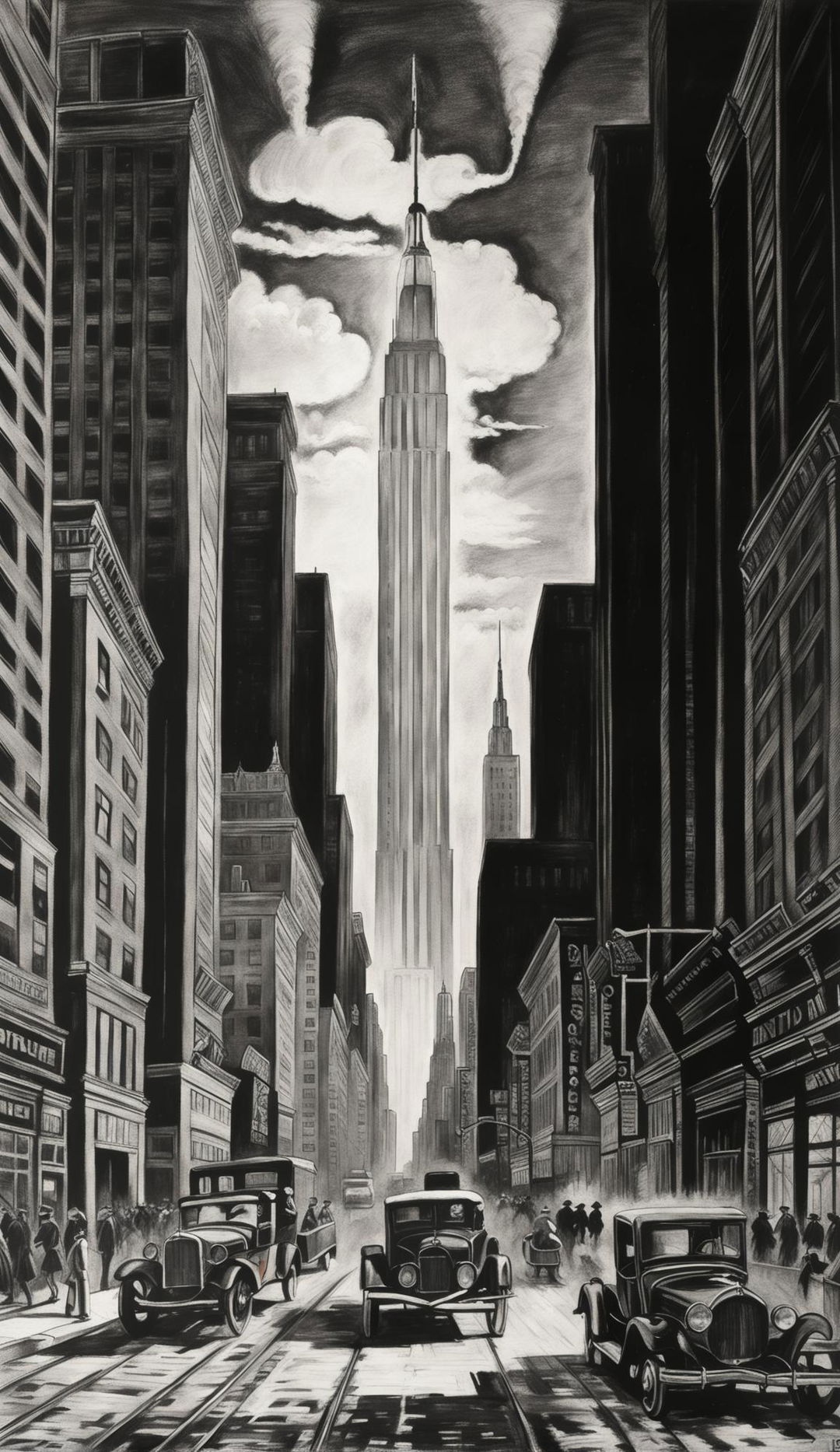 A detailed charcoal drawing of 1920s New York featuring towering buildings, bustling streets with vintage automobiles and pedestrians in period attire, a newsboy on a street corner, and a streetcar in motion.