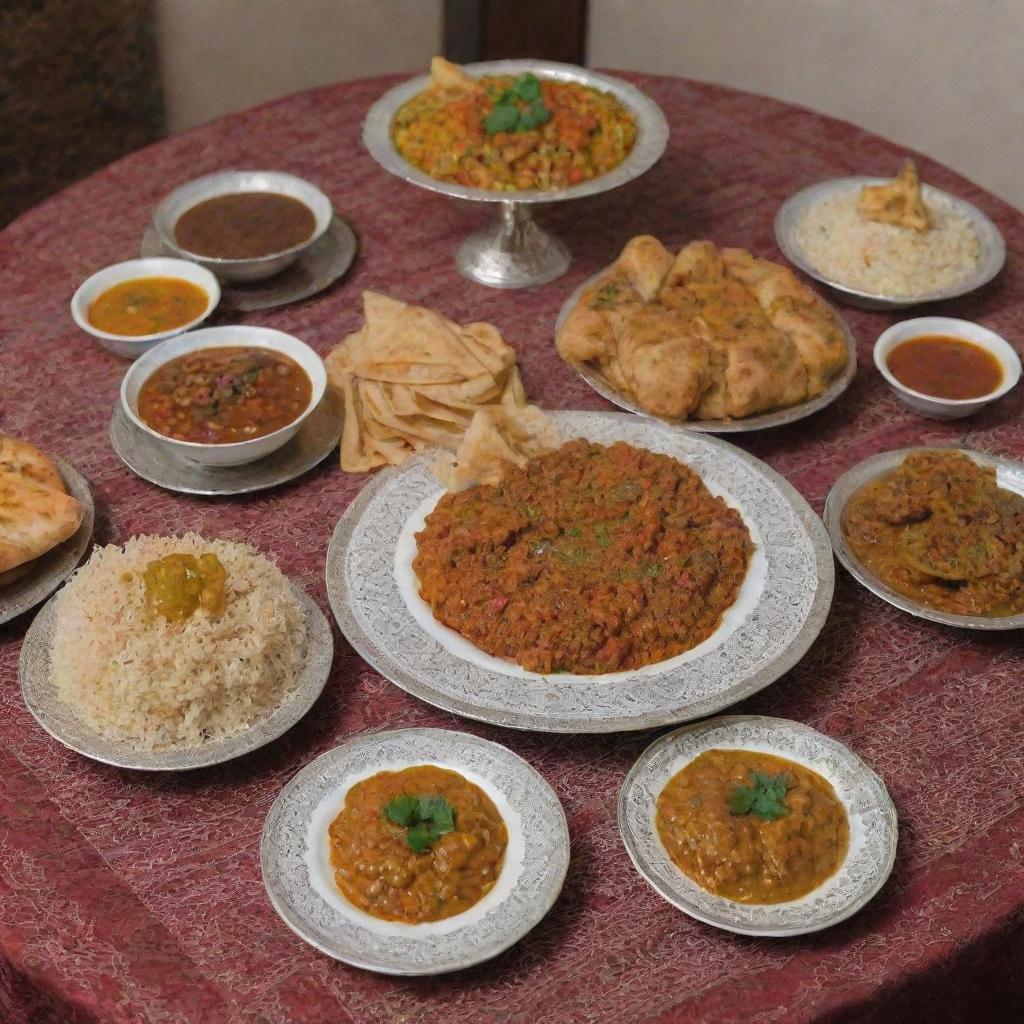 Traditional Yemeni cuisine, placed elegantly on a beautifully decorated table