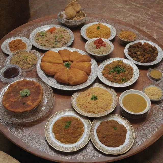 Traditional Yemeni cuisine, placed elegantly on a beautifully decorated table