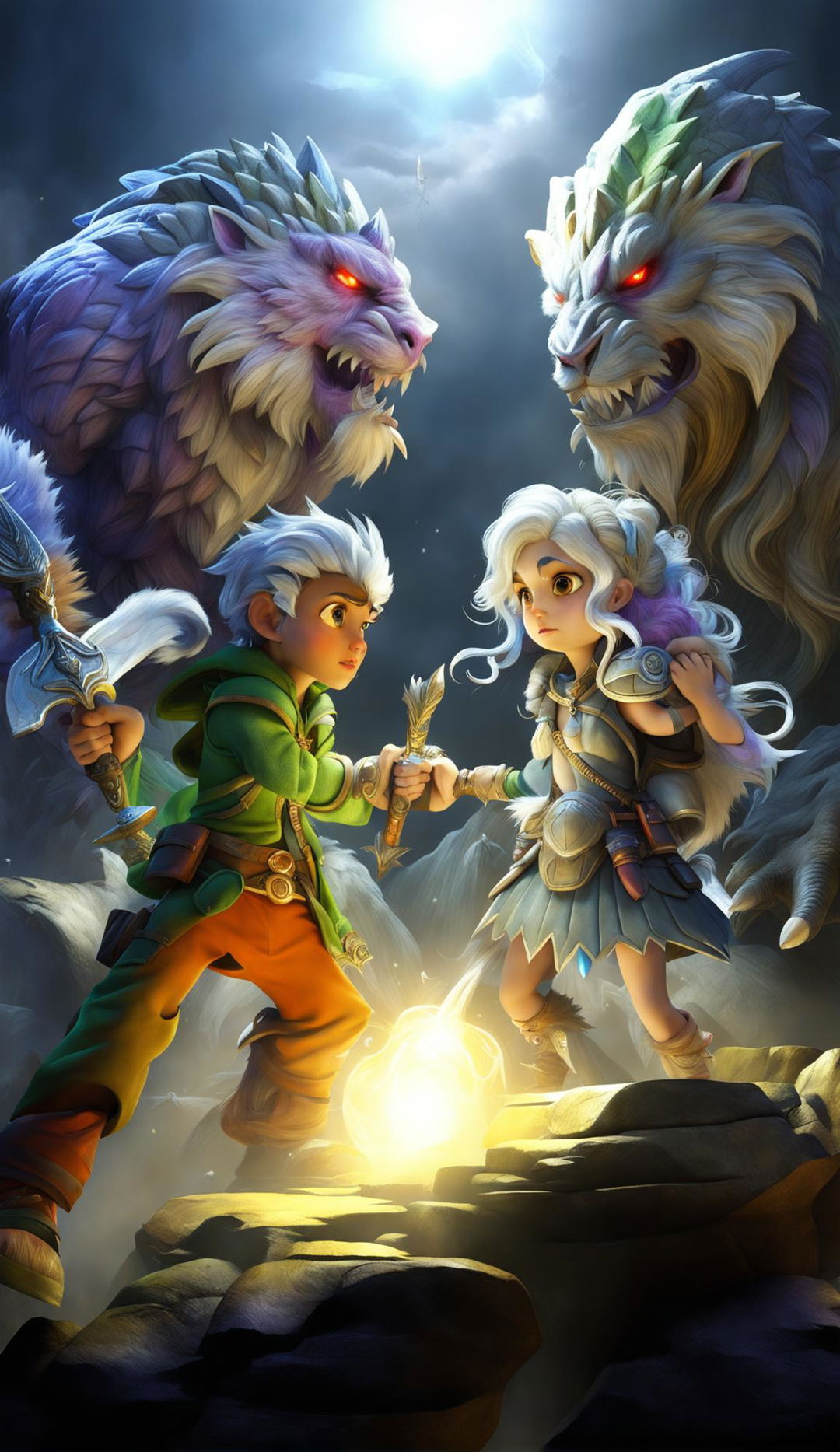 A realistic 3D image of Hanzel and Luna facing exciting challenges and battling fascinating monsters on their journey to a power source atop a mountain, maintaining the characteristics of both characters.