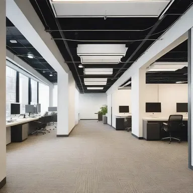 The open-plan office space includes several smaller sublets, allowing for collaboration and privacy.