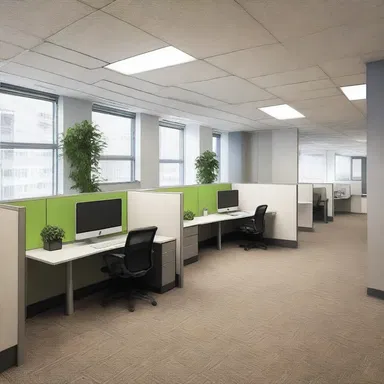 The open-plan office space includes several smaller sublets, allowing for collaboration and privacy.