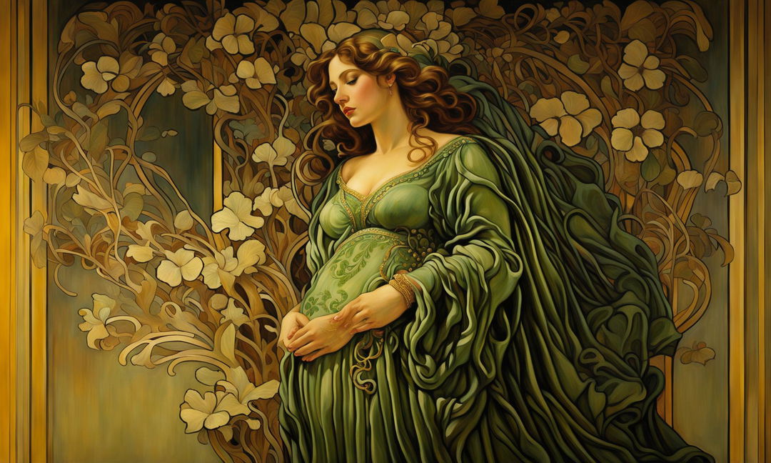 Fine art painting of a beautiful pregnant woman in an Art Nouveau style, displayed in a historic museum gallery.