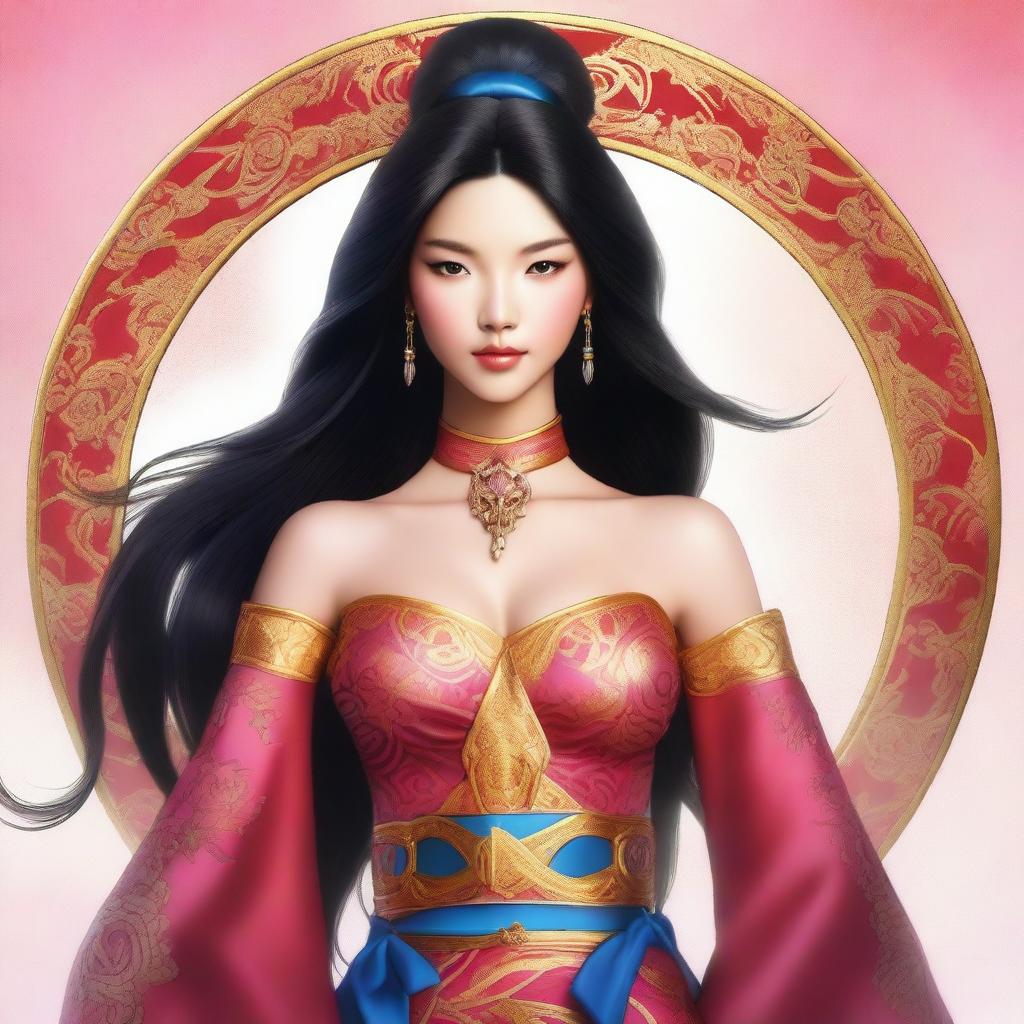 A high-quality digital art piece illustrating a Victoria's Secret model in an elaborate Mulan cosplay