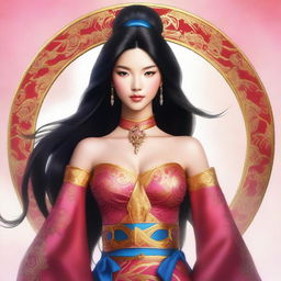 A high-quality digital art piece illustrating a Victoria's Secret model in an elaborate Mulan cosplay