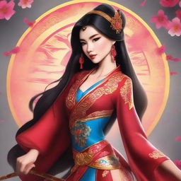 A high-quality digital art piece illustrating a Victoria's Secret model in an elaborate Mulan cosplay