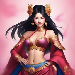 A high-quality digital art piece illustrating a Victoria's Secret model in an elaborate Mulan cosplay