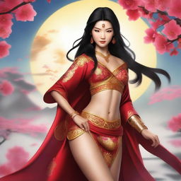 A high-quality digital art piece illustrating a Victoria's Secret model in an elaborate Mulan cosplay