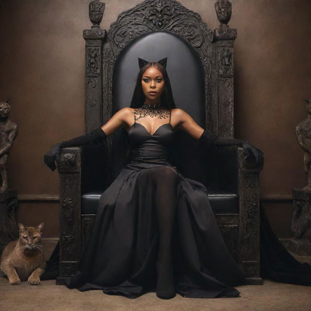 Anime-style brown-skinned woman with cat eyes sitting seriously on a throne, a pile of corpses lay beneath. A black puma sits by the throne. The woman is shown in full body dress, no cat ears.