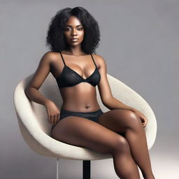 A high-quality, realistic image of a confident and attractive black woman sitting in a chair with her legs apart