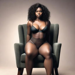 A high-quality, realistic image of a confident and attractive black woman sitting in a chair with her legs apart