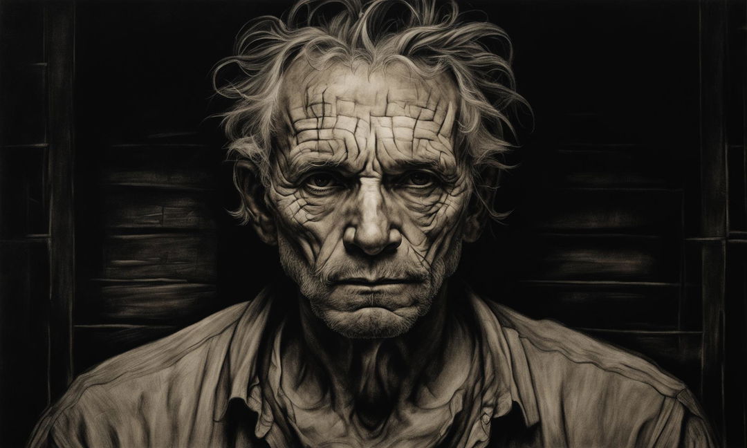 Charcoal portrait of a rugged middle-aged man with deep-set eyes and a weathered face, set against a minimalistic background.