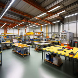 Industrial workshop interior, 30ft length by 9ft width, including a 9ft by 3ft assembly table, an 8ft by 4ft industrial machine, designated areas for raw materials and finished products, efficient layout