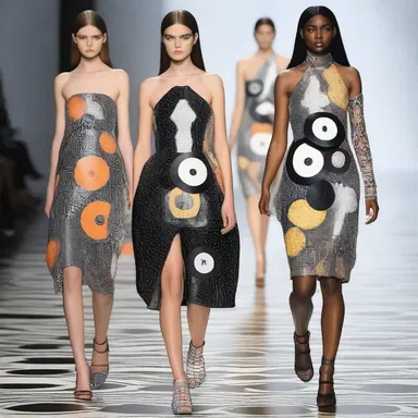 The fashion designer showcased a collection of dresses featuring discoid patterns, inspired by the shape of vinyl records.