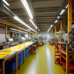 Industrial workshop interior, 30ft length by 9ft width, including a 9ft by 3ft assembly table, an 8ft by 4ft industrial machine, designated areas for raw materials and finished products, efficient layout