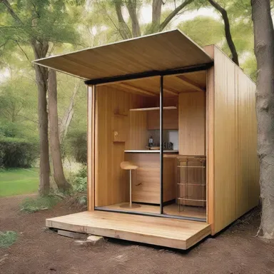 The architect designed a small, rustic shack as a guesthouse in the backyard.