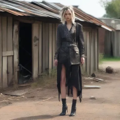 The fashion designer created a unique and edgy outfit inspired by the concept of a dilapidated shack.